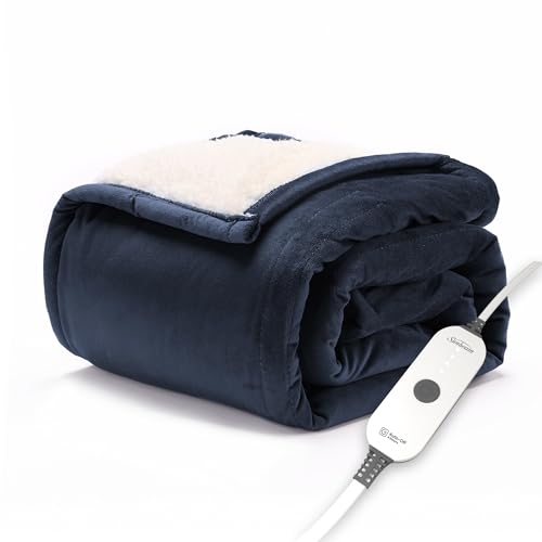 Image of Sunbeam Royal Mink Sherpa Admiral Blue Heated Personal Throw / Blanket, Cozy-Warm, Adjustable Heat Settings