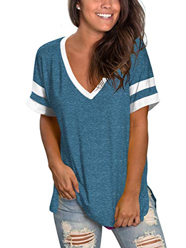 Sexy Tops Women V-Neck Shirts Juniors Short Sleeve Basic Tees Striped Ocean Blue S