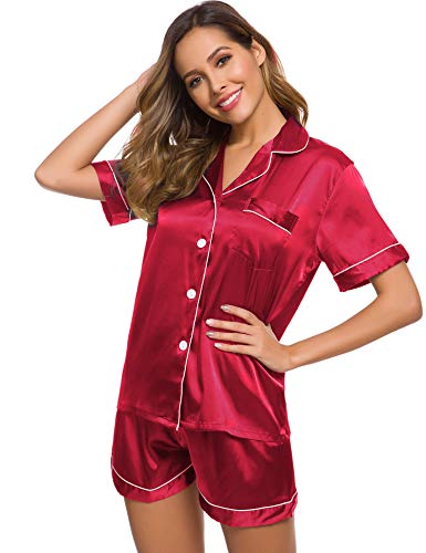 Image of LecGee Womens Silk Satin Pajamas Short Sleeve Loungewear Two-Piece Sleepwear Button-Down Pj Set