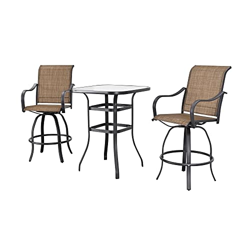 Lokatse Home 3 Pcs Patio Bar High Swivel Stools Set， 2 Tall Chairs And 1 Height Outdoor Bistro Table, Khaki #TOP6