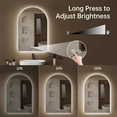 Image of Arched Backlit Mirror Bathroom 20 inchx30 inch- Frameless LED Bathroom Mirror with Lights, Fogless, Dimmable, 3 Color Changing, Shatterproof, Touch Sensor