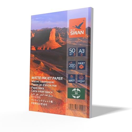 BLUE SWAN A3 Matte Inkjet Photo Paper, 200gsm, Quick-Dry, High Color Brightness, Low Reflection, DIN A3 (297 x 420 mm), 50 Sheets