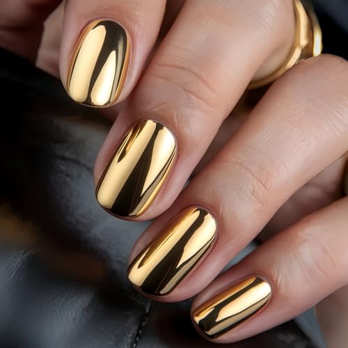 Gold Chrome Press on Nails SHIQIXIANNV Short Square Fake Nails Me...