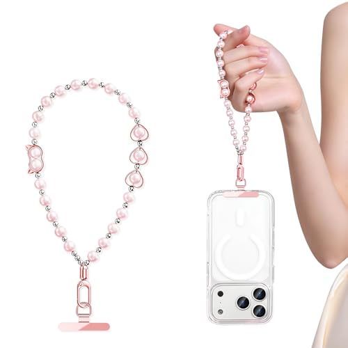 Beaded Phone Charm - Detachable Anti Theft Wrist Strap for Women - Phone Chain Wristlet - Fits iPhone Samsung Pixel (Rose Gold)