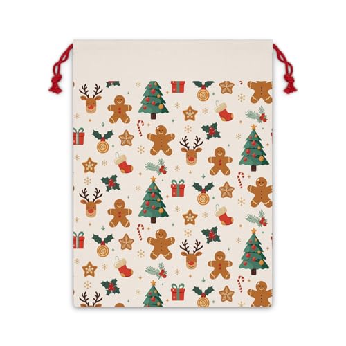 Christmas Gift Bag - Festive Holiday Design for Wrapping Gifts and Treats, Gingerbread Men, Reindeer, Christmas Trees, Cozy