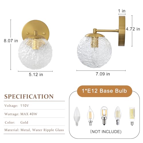 Image of Gold Wall Sconces Set of 2 Vintage Bathroom Wall Lamp 2 Pack Glass Globe Wall Light Vanity Hardwired Wall Mounted Lighting for Bedroom Living Room Hallway Stairs Kitchen (5.12in, E12)