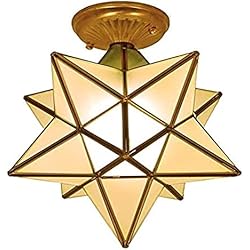 Lamparas De Techo Tiffany Baratas LETREM Lámpara de Techo Tiffany Style Five-Pointed Star Ceiling Lamp Modern Stained Glass Shade All Copper Ceiling Light for Bedroom E27 110V-240V,12 Inches (Size : 12 Inches)