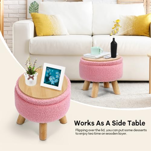 Ogemxu HY188-W1 Storage Ottoman, Round Small Ottoman With Storage, Teddy Velvet Foot Stool With Wood Legs, Foot Rest For Chair, Soft Sponge Footstool For Living Room, Couch, Bedroom  thumb #5