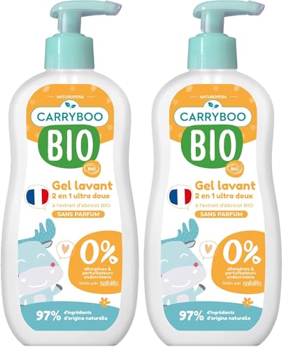 CARRYBOO - Gel Lavant 2 en 1 ultra doux à l'extrait d'abricot Bio - Flacon pompe 500ml (Lot de 2)