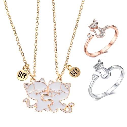 VYNZOR Lot de 2 colliers d'amitié avec pendentif en forme de chat pour 2 filles, cadeau personnalisé pour amis, amoureux, comprend 2 anneaux en forme de chat