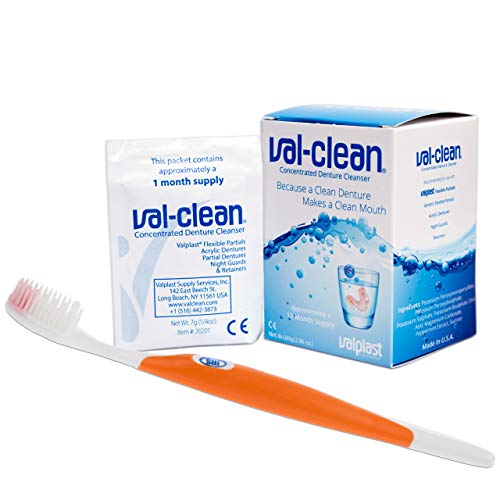 Sobres Val-Clean y Cepillo de Silicona Val-Clean - 12 Sobres 1 año de Suministro - Limpiador de Dentaduras Flexibles Valplast (Cepillo Naranja)