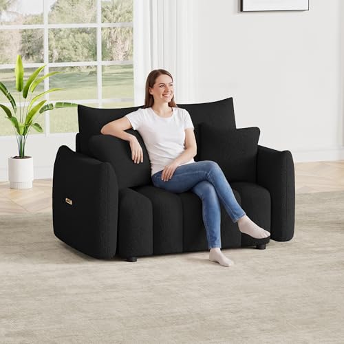 Image of OUYESSIR 56 inch Modern Sofa Couch, Comfy Deep Seat Teddy Cloud Sofa, Upholstered 2-Seater Boucle Couch, Oversized Loveseat for Living Room, Bedroom, Office, Apartment, Black