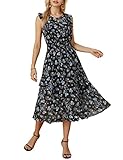 Women's Floral Midi Summer Dresses Sleeveless Ruffled Long Flowy Dresses Chiffon A Line Beach Dress Smocked Waist Black-Blue Flower XL