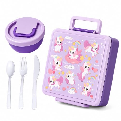 Image of House of Quirk 'NomNom' Unicorn Print Bento Lunch Box, 1800ml with 300ml Removable Bowl, Microwave Safe Lunch Box with Spoon, Fork & Knife for Kids, School, Office, Picnic & Travel (Purple)