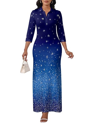Image of PinkPatty Women's Casual 3 /4 Sleeve Polo V Neck Bodycon Maxi Dress | Semi formal, modest style, long fitted, versatile for church, work, business, office and daily wear