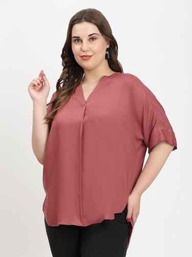 Image of SINDOORI Relaxed Fit Tops for Women Plus Size Solid Printed Mandarin Collar, Band Collar, V-Neck Top, Half Sleeve Loose Fit