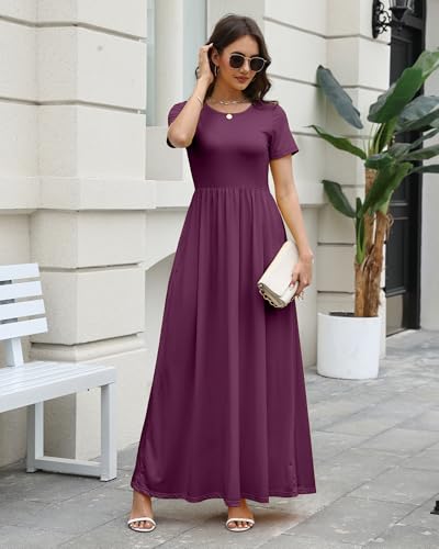 Image of COSSEN Women's Crew Neck Short Sleeve Maxi Dress with Pockets Casual Loose Swing for Wedding Guest Beach Vacation