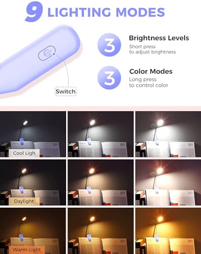 Image of Rechargeable Book Light for Reading in Bed, 80H Reading, 3 Brightness Levels & 3 Color Temperatures, Lightweight Flexible Clip on Reading Lights for Books in Bed
