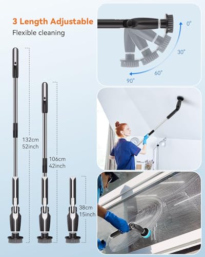 TOMEEM Elektrische Reinigungsbürste, Fugenreiniger Elektrisch mit Verstellbarem Griff und 8 Austauschbaren Köpfen, Rinigungsbürste Elektrisch für Bad, Fliesen,Fußboden, Küche