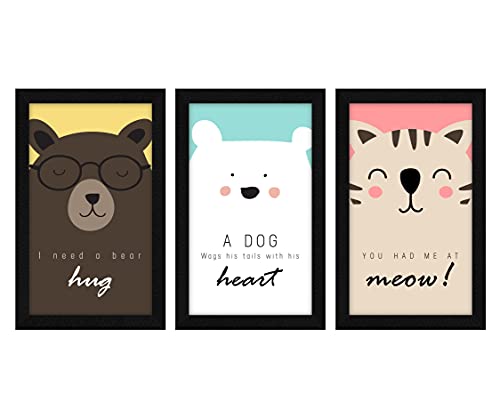 Image of ArtX Paper Animal Face With Quote Wall Frame Art Painting, Framed Paintings, Multicolor, Animals, 13 X 25.5 inches(Combined), 8.5 X 13 each, Set of 3