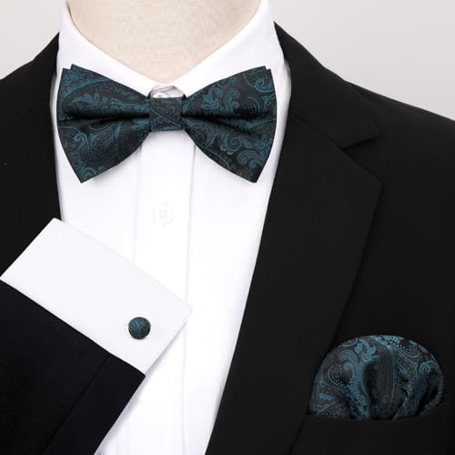 Image of HISDERN Bow Ties for Men Pretied Bow Tie Set Paisley Classic Bowties and Pocket Square Cufflinks Set for Wedding Party