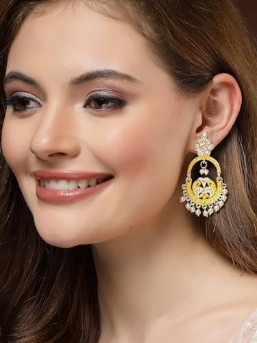 Image of Karatcart Gold Plated Yellow Meena Dangler Earrings for Women