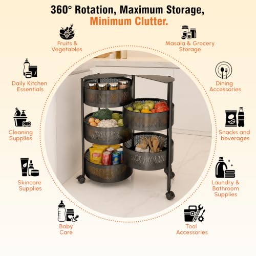 Image of JD FRESH 5 Tier Metal Rotating Kitchen Trolley /360-Degree Rotating Wheels with Expandable Side Opening Design /Movable Butterfly Trolley and Storage Shelf for Kitchen, Livingroom or Bathroom (Black)