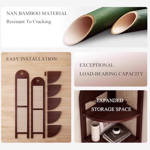 5-Tier Rattan Corner Shelf, Free-Standing Tall Display Rack for Living Room, Bedroom, Office & Balcony – Sturdy Feet, Narrow Design, Space-Saving Storage Solution (Brown)