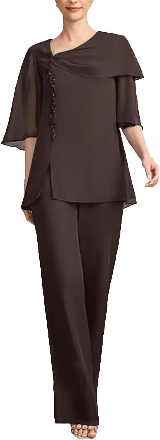 2 Pieces Chiffon Mother of The Bride Pant Suits for Wedding Guest - Beaded Half Sleeves Formal Pantsuit for Women Dressy