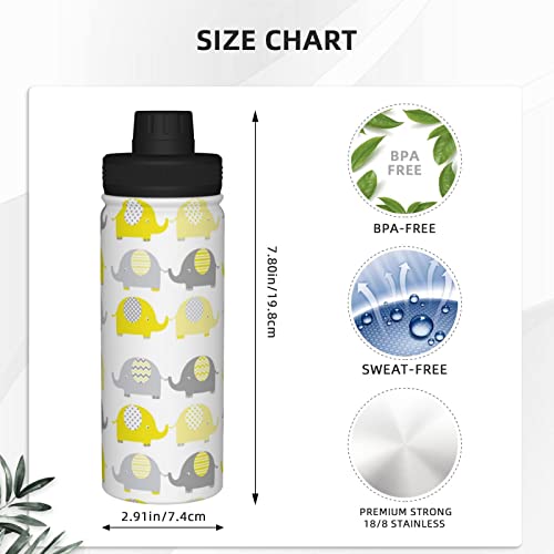 Water Bottle Yellow-Grey-Cute-Elephant 18 Oz Stainless Steel Vacuum Insulated Wide Flask With Leakproof Spout Lid #TOP3