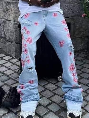 Ripped Stacked Jeans for Men Floral Embroidery Skinny Bootcut Jeans Stretch Slim Fit Straight Leg Denim Pants4