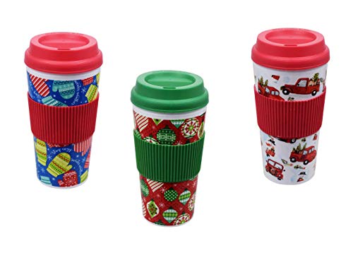 Set of 4 Travel Mugs with Built In Sleeves in Festive Holiday Designs