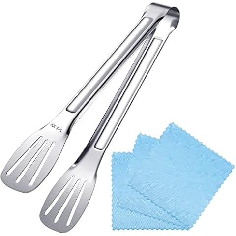 Kitchen Tongs(9‘’)with 3 Pcs Microfibre Cleaning Cloth, 304 Sturdy Non Stick Cooking Tongs Food Safe Stainless Steel Barbecue Tongs for Cooking Meat BBQ Salad Frying and Serving Meat Cover