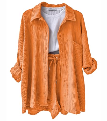 La mejor comparación de Ropa de Balonmano para Mujer - 5 favoritos. 42 Conjunto de 2 Piezas y algodón para Mujer, Camisa de Manga Larga con Botones y Pantalones Cortos con cordón de Cintura Alta (Naranja, Mediano)