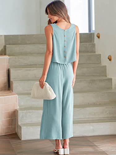 ANRABESS Women's Summer 2 Piece Outfits Sleeveless Tank Crop Button Back Top Cropped Wide Leg Pants Set Pockets, Blue, S