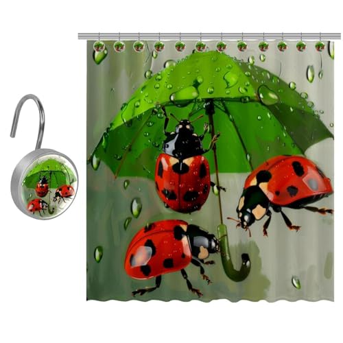 Eslifey Cortina de ducha con 10 ganchos para cortina de ducha, paraguas verde y pintura de mariquitas, cortinas de ducha para baño, 66 x 72 pulgadas