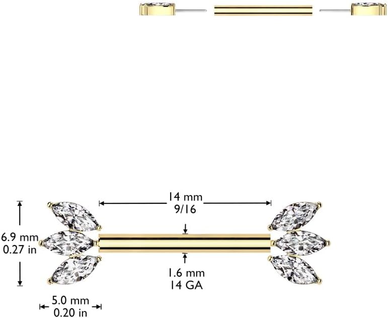 Pierced Owl 14GA ASTM F-136 Implant Grade Titanium Threadless Push-In Triple CZ Crystal Marquise Ends Nipple Barbells, Sold as a Pair