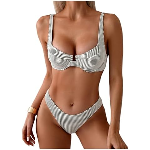 SweatyRocks Women's 2 Piece Bikini Set Striped Print Spaghetti Strap Push Up Swimsuit Black and White Medium Cover