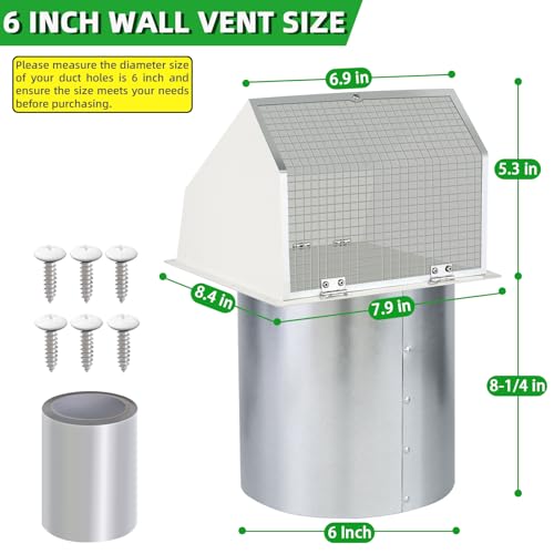 Image of 6 Inch Hooded Wall Vent with Screen and Damper,6 inch Vent Hood Wall Exhaust Vent Cover,Dryer Vent Cover Outside,6 inchVent Cover Exterior Wall Vent Cap for Range Hood Kitchen Air Ventilation,Galvanized Steel