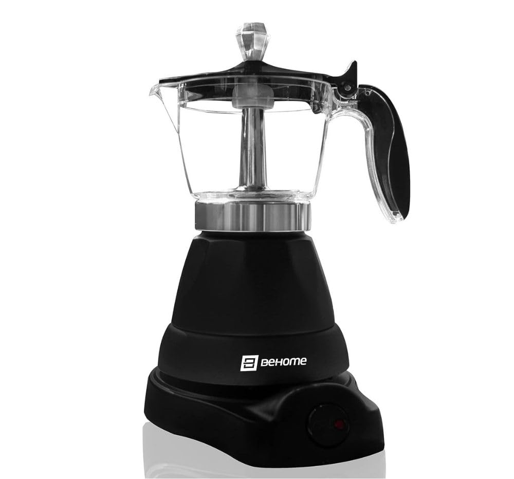BEHOME 3 Cup Electric Italian Coffee Maker, Moka Espresso Automatic Electric with 1 Cup Reducer, Hot Coffee 30 min, 360° Rotating Base, Black