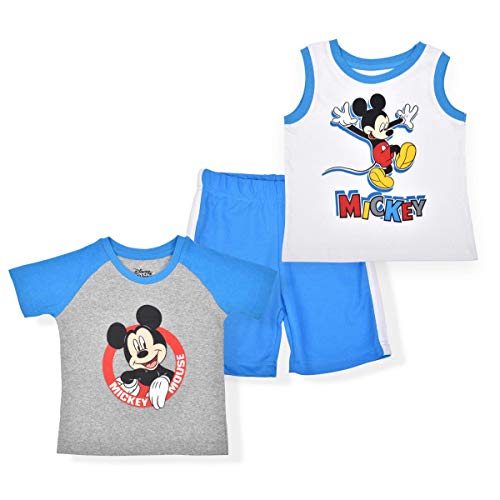 Disney Mickey Mouse Boys Short Set with Raglan T-Shirt and Sleeveless Top, Grey/White