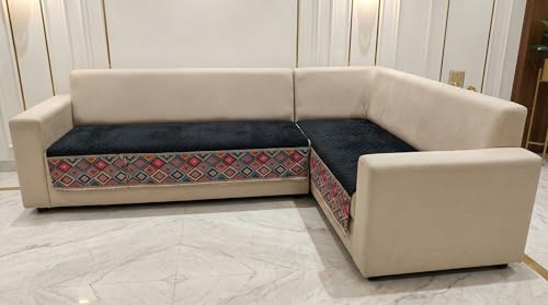 Image of Velvet Quilted Sofa Cover Mat Seat & Back, L Shape 4+3, Main L90in Chaise L69in H32in, Black Color,Anti Skid Backing, 6in Hanging Strap Design, Washable Sof, Style -Black-L43
