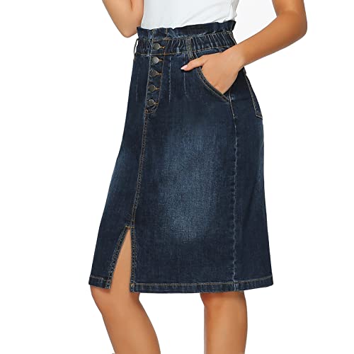 Women's High Tummy Control Stretchy Denim Mid Skirts Waisted Elastic Button Jeans Skirt Casual with Pockets ﻿3