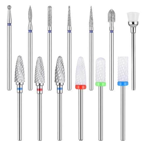 Nagelfräser Aufsätze 13-teiliges Nagelbohrer-Set 3/32 Zoll Nagel-Bits für Nagelbohrer 3Stück Wolframkarbid-Bohrer 3Stück Keramik-Efile-Nagelbohrer 6 Stück Diamantbohrer 1 Stück Bürste