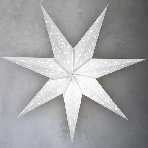Image of GalaxyArts Paper Star Lanterns, 24 Inch Naxatra (White Medium) Light Up Hollow Out 7 Pointed Star Hanging Lamp Decoration for Wedding Holiday Birthday Party Christmas Celebration Indoor Outdoor Decor