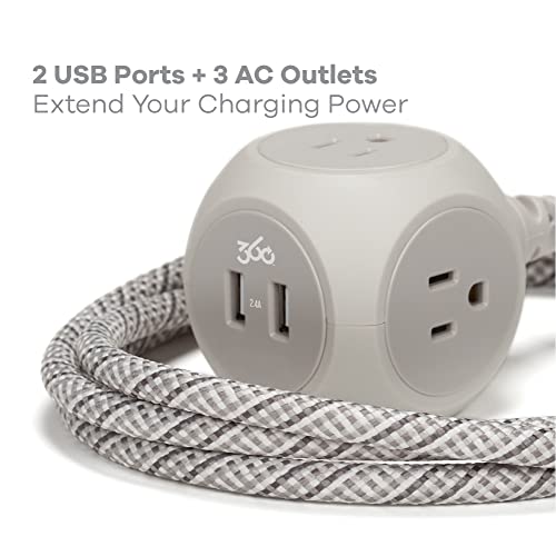 360 Electrical 360461-FG Habitat Braided Extension Cord, French Grey, 6ft, Includes 2.4A Dual USB, 3 AC Outlet, Multi Plug Outlet, Discreet Power Strip Surge Protector and USB Charging Station by 360 Electrical - Image 2