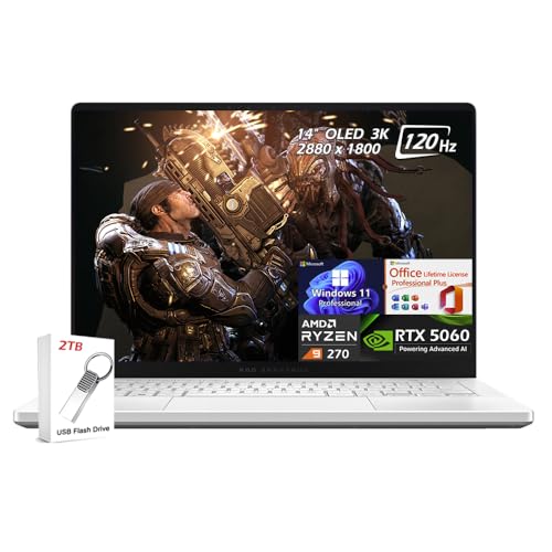 Image of ASUS ROG Zephyrus G14 Gaming Laptop, 14 inch OLED 3K 120Hz, AMD Ryzen 9 270, 16GB LPDDR5X RAM 2TB SSD, RTX 5060, Wi-Fi7, Backlit KB, Win11Pro Office Lifetime License, White, w /2TB USB Drive, W /GaLiMu