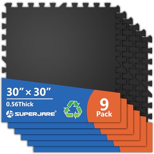 SUPERJARE 30" x 30" Larger Rubber Top Exercise Equipment Mats, 0.56" Thick 9PCS 56.3 Sq Ft High-Density EVA Foam Interlocking Gym Flooring, Big Workout Mat for Home Gym, Floor Protection, Black