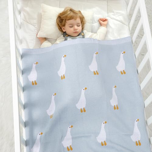 Image of mimixiong Baby Blanket Knit Receiving Boys Girls Blanket Soft Cotton Neutral Blanke for Swaddle Crib Stroller with Cute Sheep (Goose-Light Blue, 30x40 Inch (Pack of 1))