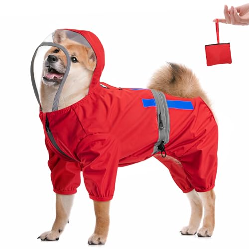 Eyein Waterproof Dog Raincoat - Adjustable Drawstring Dog Raincoat with Hood & Reflective Strap for Small Medium Dog, Lightweight Full-Body Dog Rain Jacket Poncho with Storage Pocket & Leash Hole,2XL